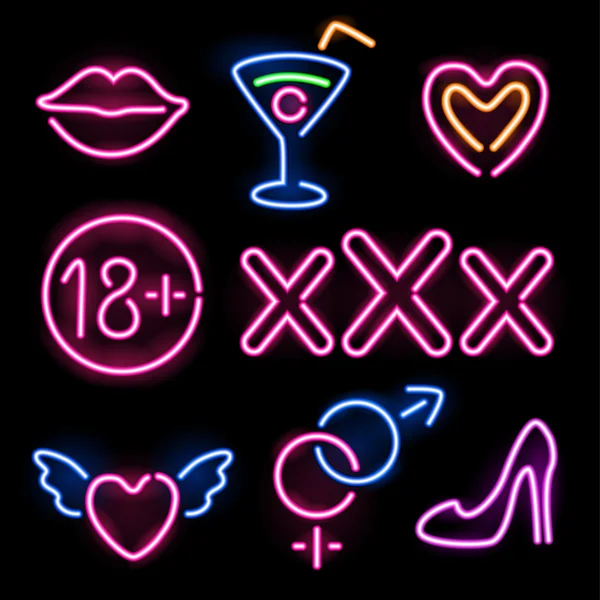 Set of glowing neon erotic symbols — Stock Vector