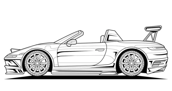 本や図面のための大人の着色ページ コンセプトベクトルイラスト 高速ドライブ車 グラフィック要素 車のホイール 黒の輪郭線のスケッチは白の背景に隔離された — ストックベクタ