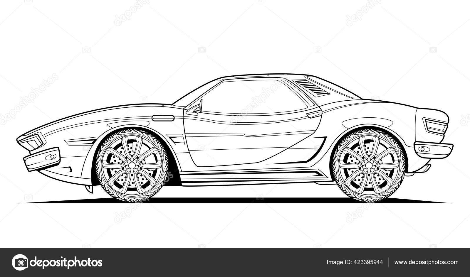 Coloring page vector line art illustration car for book and drawing. Black  contour sketch. Isolated on white background. High-speed drive vehicle.  Graphic element. Stroke without fill Stock Vector