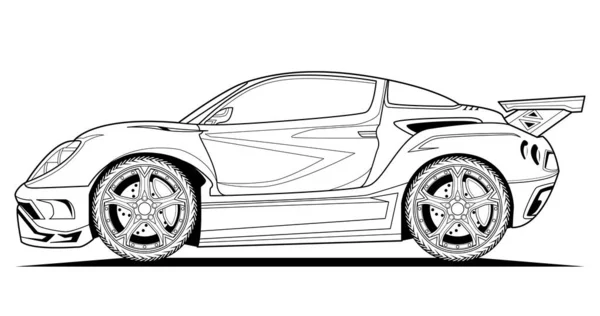 車のベクトルコンセプトデザインラインイラスト 黒の輪郭のスケッチは本と図面のための大人の着色ページを示しています 高速ドライブ車 グラフィック要素 ホイール 白地に隔離された — ストックベクタ