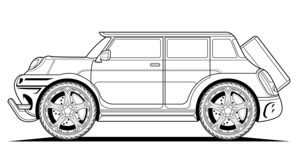 本や図面のための大人の着色ページ 車のベクトルラインアートイラスト 高速ドライブ車 グラフィック要素 ホイール 黒の輪郭線のスケッチは白の背景に隔離された — ストックベクタ