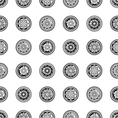 Vektörsüz tek renkli otomobil tekerlekleri. Siyah elementler beyaz arkaplanda izole edilmiş. Lastik izi. Soyut duvar kağıdı tasarımı. Çizim grafiği çizimi. Giysiler için dekorasyon