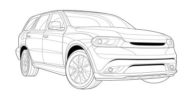 Kitap ve çizim için sayfa vektör çizgisi boyama sanatı. Resimli araba. Siyah hatlı çizim beyaz arka planda izole edilmiş. Yüksek hızlı sürüş aracı. Grafik elementi. Doldurulmamış vuruş