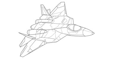 Kitap ve çizim için yetişkin askeri jet boyama sayfası. Uçak ve Uçak. Vektör çizimi. Araç savaş uçağı grafiksel elementi. Uçak. Siyah hatlı çizim beyaz arkaplanda izole edilmiş.