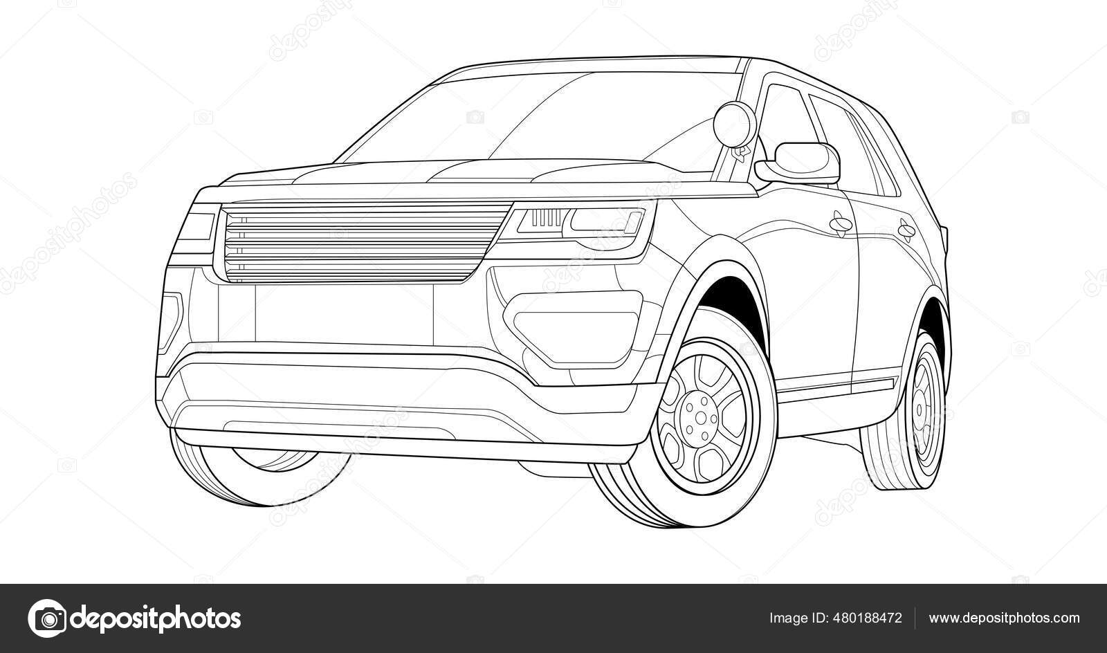 Coloring page vector line art illustration car for book and drawing. Black  contour sketch. Isolated on white background. High-speed drive vehicle.  Graphic element. Stroke without fill Stock Vector