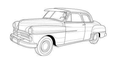 Yetişkin çizimleri için klasik araba resimleme kitabı sayfası. Kağıt, taslak araç. Grafik elementi. Tekerlek. Siyah hatlı çizim beyaz arkaplanda izole edilmiş..