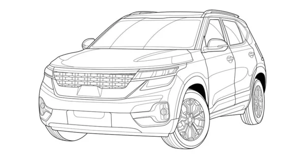 Vektor Line Art Car Desain Konsep Ilustrasi Sketsa Garis Besar - Stok Vektor
