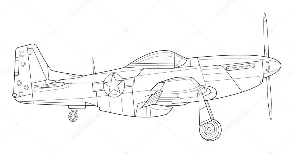 Adult military aircraft coloring page for book and drawing. Airplane. War-plane. Vector illustration. Vehicle. Graphic element. Plane. Black contour sketch illustrate Isolated on white background.