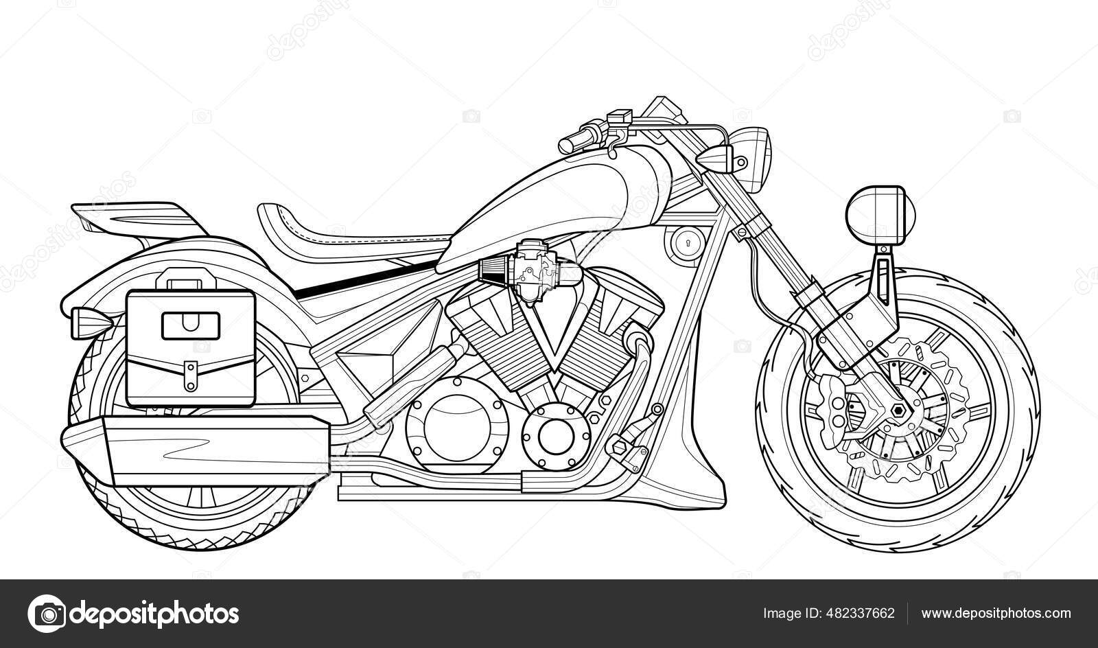 Desenho de motociclista em uma motocicleta, ilustração vetorial de contorno