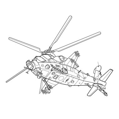 Yetişkin askeri helikopter boyama sayfası. Helikopter ve uçak. Vektör çizimi. Araç savaş uçağı grafiksel elementi. Helikopter. Siyah hatlı çizim beyaz arkaplanda izole edilmiş.
