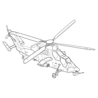 Yetişkin askeri helikopter boyama sayfası. Helikopter ve uçak. Vektör çizimi. Araç savaş uçağı grafiksel elementi. Helikopter. Siyah hatlı çizim beyaz arkaplanda izole edilmiş.