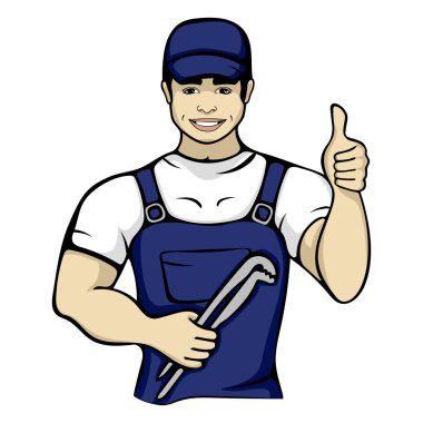 Bir İngiliz anahtarı tutan karikatür tesisatçı