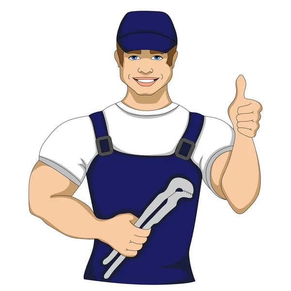 Bir İngiliz anahtarı tutan karikatür tesisatçı