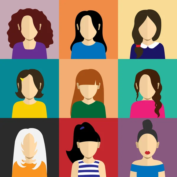 Iconos de personas en estilo plano con caras de mujer — Vector de stock
