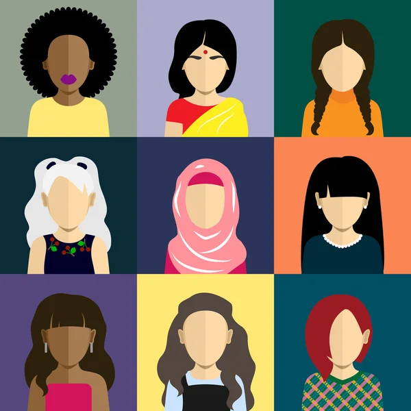 Iconos de personas en estilo plano con caras de mujer — Vector de stock