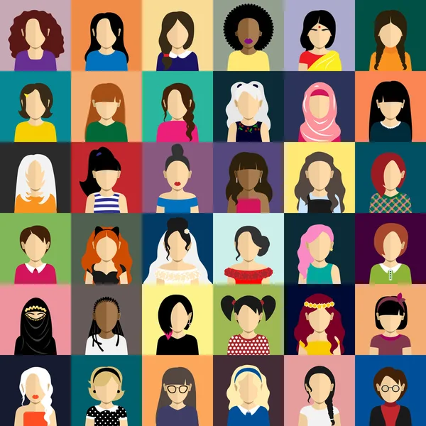 Iconos de personas en estilo plano con caras de mujeres y chicas — Vector de stock