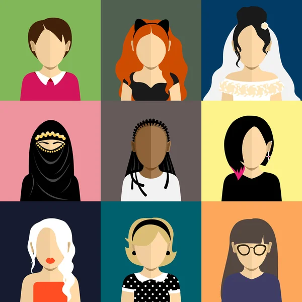 Kadın ve kızların yüzleri düz tarzda insanlar Icons set