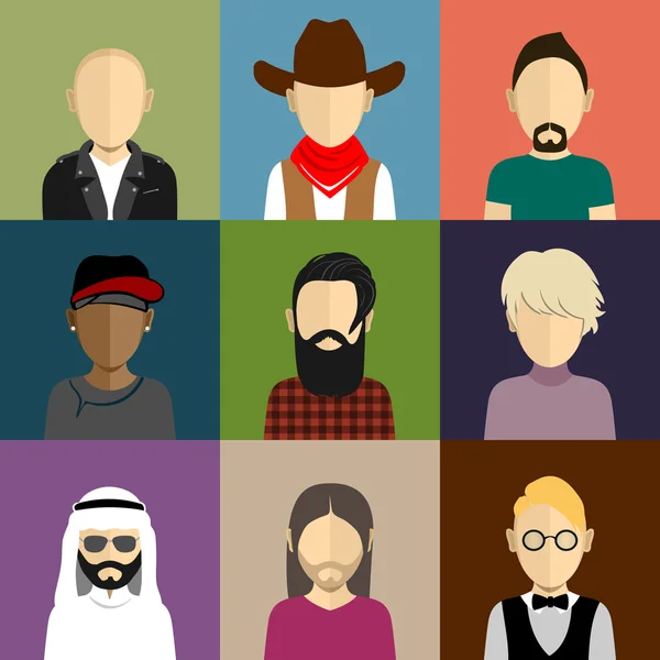 Iconos de la gente establecidos en estilo plano con caras de hombres y niños — Vector de stock