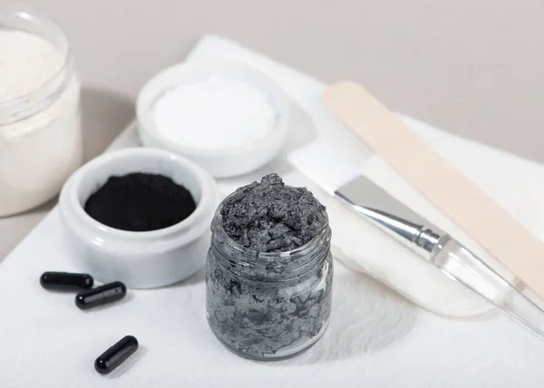 Ingredients Homemade Charcoal Facial Mask Charcoal Powder Coconut Oil White — Stock Photo, Image