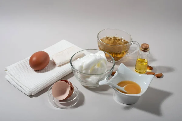 Egg White Face Mask Ingredients Whipped Egg White Aloe Sugar — Stock Photo, Image