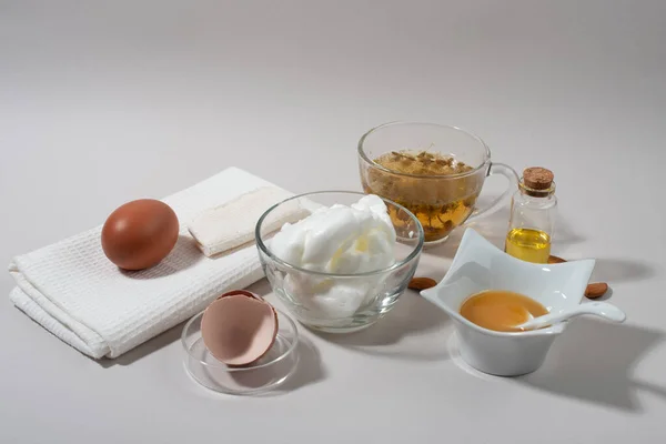 Egg White Face Mask Ingredients Whipped Egg White Aloe Sugar — Stock Photo, Image