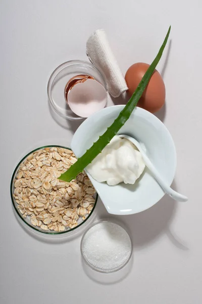 Egg White Face Mask Ingredients Whipped Egg White Aloe Sugar — Stock Photo, Image