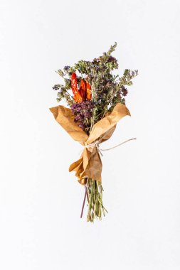 Beyaz arka planda izole edilmiş farklı otlardan oluşan kurumuş bitki demetleri. Kapat..