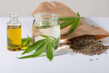 Kenevir tohumları, taze kenevir yaprakları ve beyaz arka planda kozmetik CBD yağı. Kozmetik, tedavi, terapi.