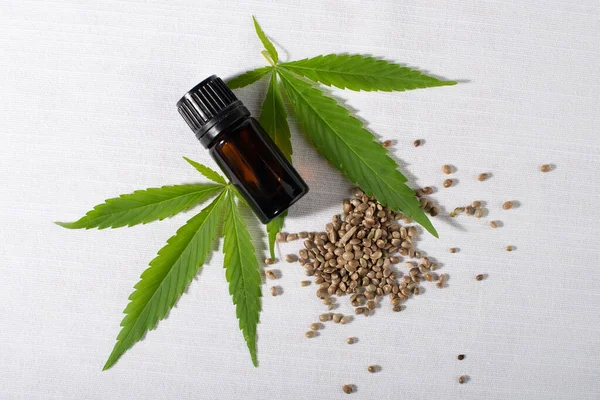 Cannabis Seeds Young Hemp Leaves Cosmetics Cbd Oil White Background — Stock Photo, Image