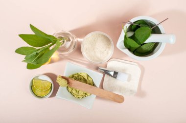 Adaçayı maskesi. Adaçayı yaprakları, beyaz kil, yağ, limon. Güzellik tedavisi. Ev yapımı organik kozmetik. Üst görünüm.