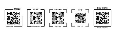 Restoran menüsü, şarap listesi, sipariş, bahşiş ve ödeme için modern QR kod çerçevesi koleksiyonu. Temassız yemek, mobil sipariş ve dijital kontrol sistemleri için temiz siyah beyaz tasarım.