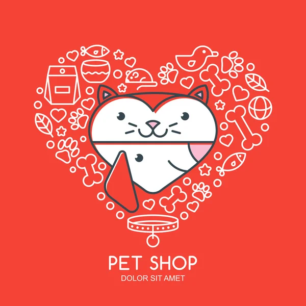Outline illustration of cute cat and dog in heart shape. — Stock Vector
