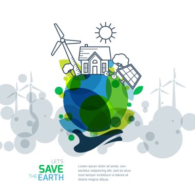 Vector illustration of hand holding earth with wind turbine, hou