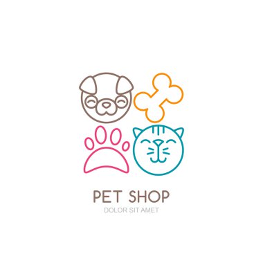 Vector line art illustration of dog head and cat muzzle.