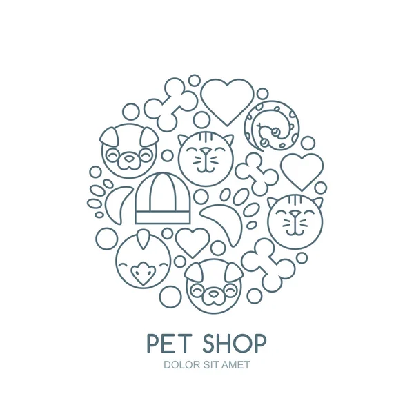 Linear illustration of cute muzzle of cat, dog, bird, snake. — Stok Vektör
