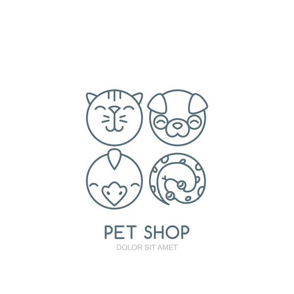Vector outline illustration of dog head, cat muzzle, bird and sn — Διανυσματικό Αρχείο