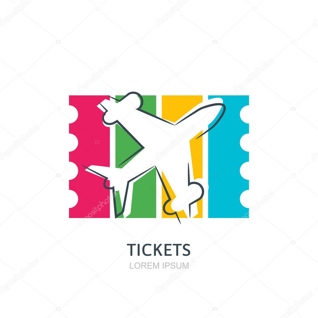 Flight airplane silhouette and colorful striped ticket on backgr