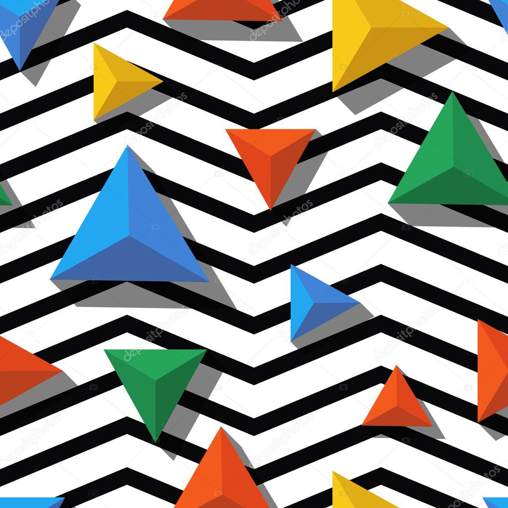 Vector seamless geometric pattern. Multicolor triangles and blac