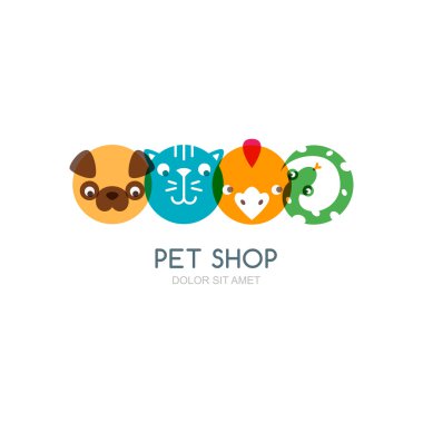 Colorful flat icons of dog head, cat muzzle, bird and snake. 