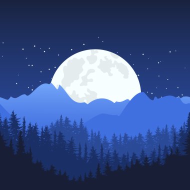 Night mountain landscape and full moon on the sky.