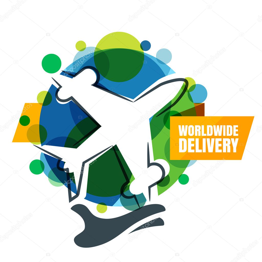 Worldwide delivery icon. Flight airplane silhouette, green globe