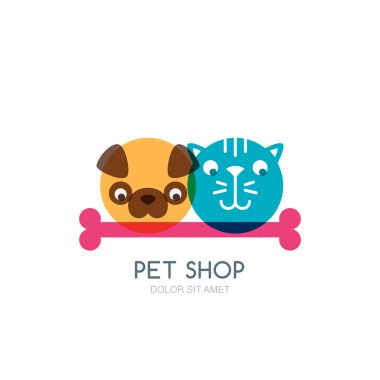 Köpek, kedi ve kemik renkli düz resimde