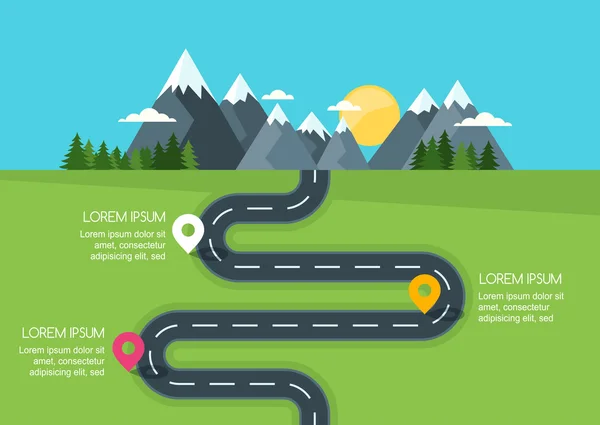 Strada con marcatori, modello di infographics di vettore. Strada di bobina in — Vettoriale Stock