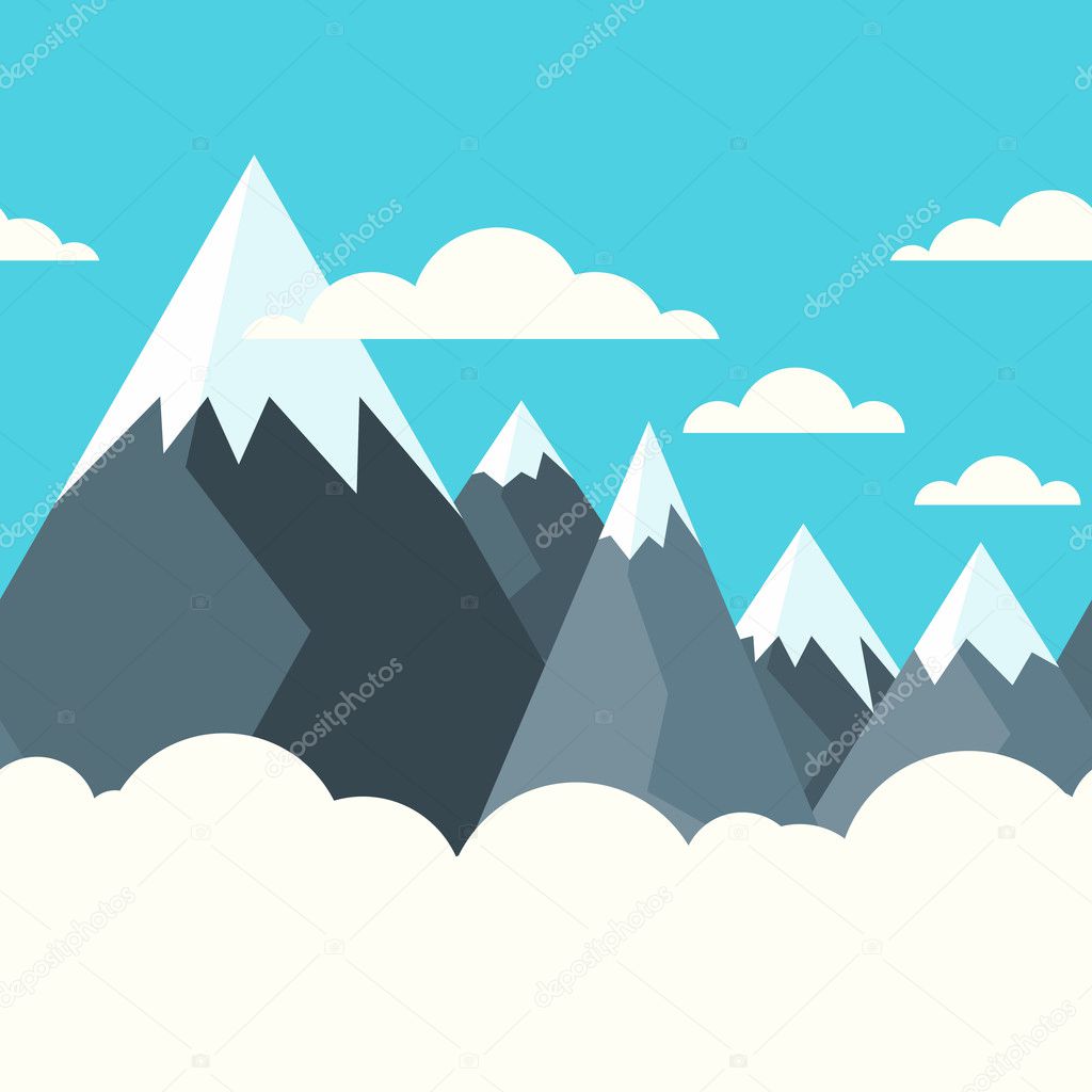 Mountains in white clouds, vector seamless background with copy 