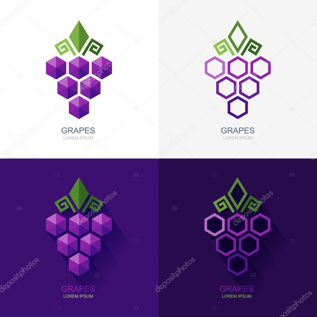 Set of vector grapes logo, icon, label elements. Flat grape isolated symbol. Geometric shape grapes vine made from hexagons. Concept for winery, wine menu. Alcohol drinks and food technology.