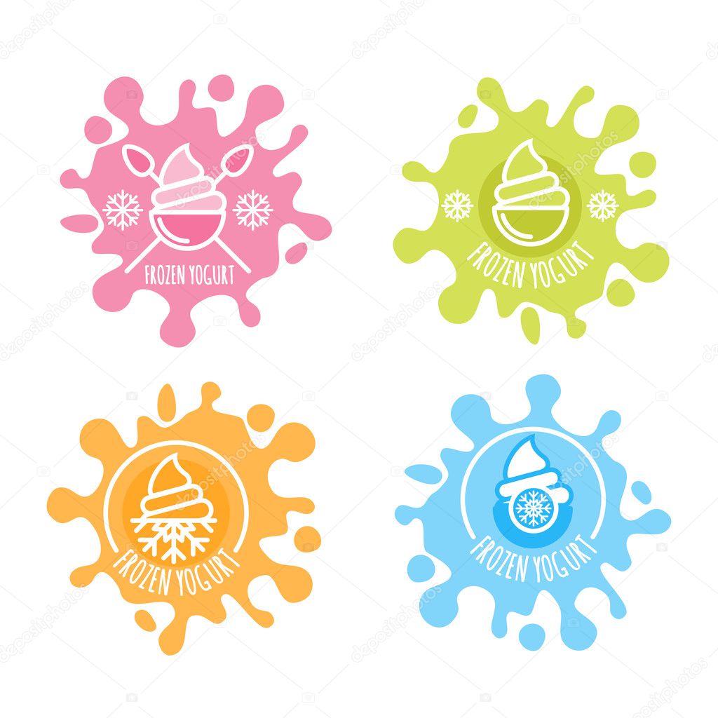 Set of vector logo, label of frozen yogurt in multicolor milk splashes. Flat ice cream icons. Outline trendy emblems. Design elements for package and prints.