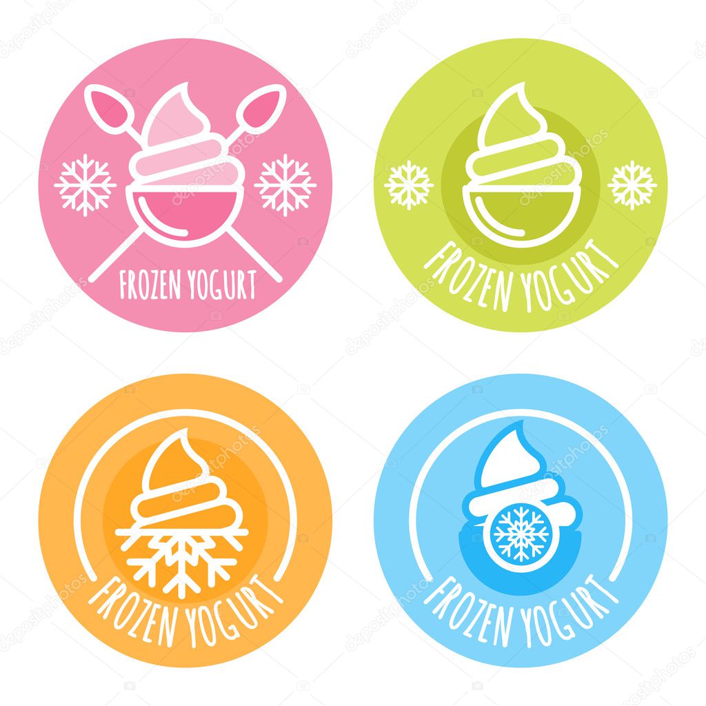 Set of vector linear logo, label, of frozen yogurt. Multicolor ice cream icons. Circle outline  emblems. Design elements for package and prints.