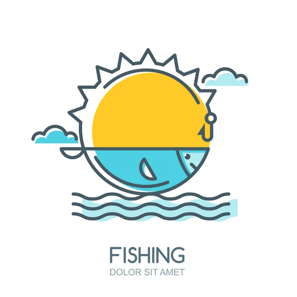 Vector linear colorful illustration of sun, fish in the sea, fis — Wektor stockowy