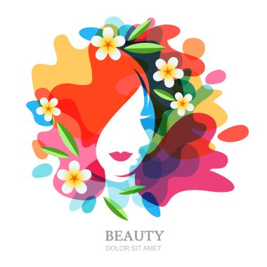 Female face and plumeria flowers on multicolor splash background