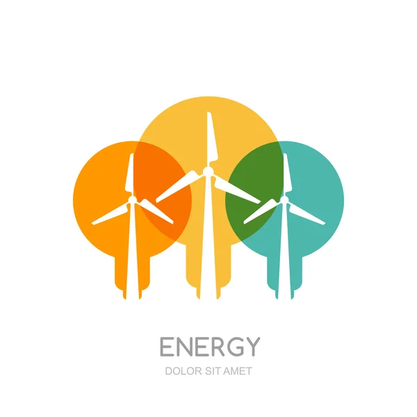 Multicolor light bulbs and wind turbines silhouettes, isolated symbol. Vector logo design template. — Stock vektor